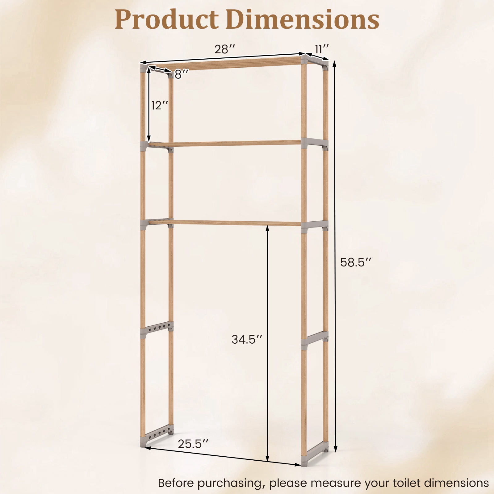 Gymax Over The Toilet Storage Rack 3-Tier Pine Wood Bathroom Organizer w/ Open Shelves