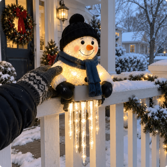 WinterGlow Snowman Icicle Light Decor, Christmas Snowman Porch Decoration with Glowing Icicle Lights, Festive Outdoor Winter Accent for Entrance, Railing and Home (1pc)