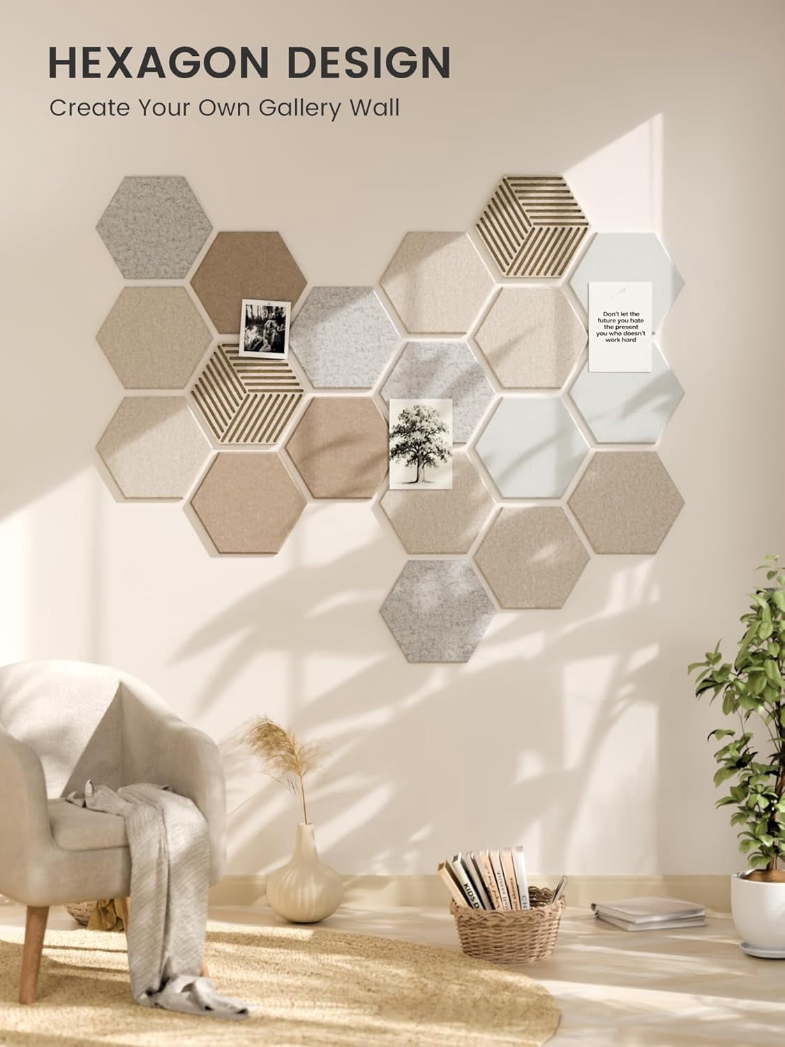 10 Pack Hexagon Cork Board, 12" x 10" Self-Adhesive Felt Bulletin Board Tiles with 40 Pushpins, Pin Boards for Wall Decor Home Office School DIY Display Boards for Photos