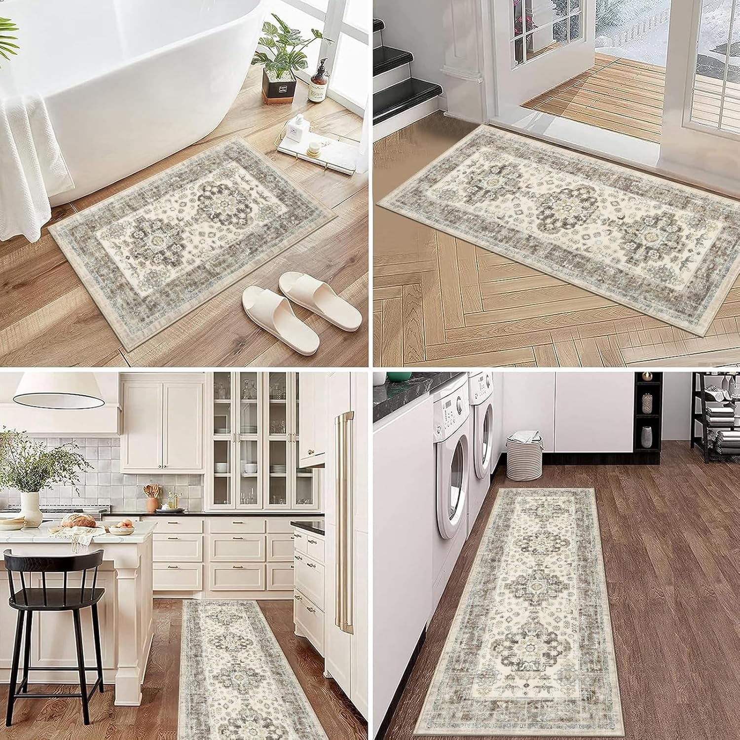Kitchen Rug and Mat, Yamaziot Kitchen Runners Rugs Set of 3, Washable Non Slip Farmhouse Hallway Laundry Room Mat for Floor, Comfort Vinatge Boho Carpet