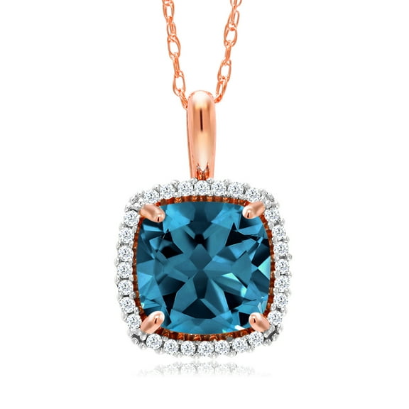 Gem Stone King 10K Rose Gold London Blue Topaz and White Diamond Pendant Necklace for Women (2.05 Cttw, Gemstone November Birthstone, Cushion Cut 7MM, with 18 inch Chain)