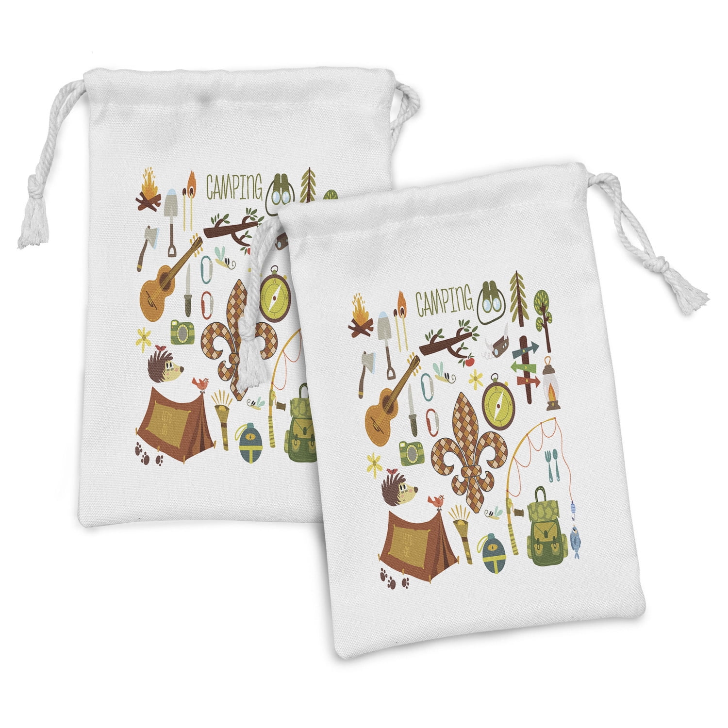 Camping Fabric Pouch Set of 2, Cartoon Items Composition with Fleur de ...