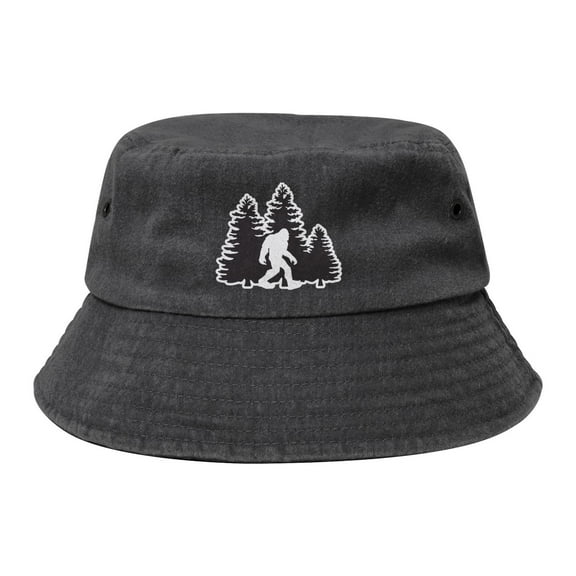 Bigfoot Trees Forest Washed Bucket Hat For Men Women Denim Bucket Hat Sun Hat Cowboy Fishing Beach Hat