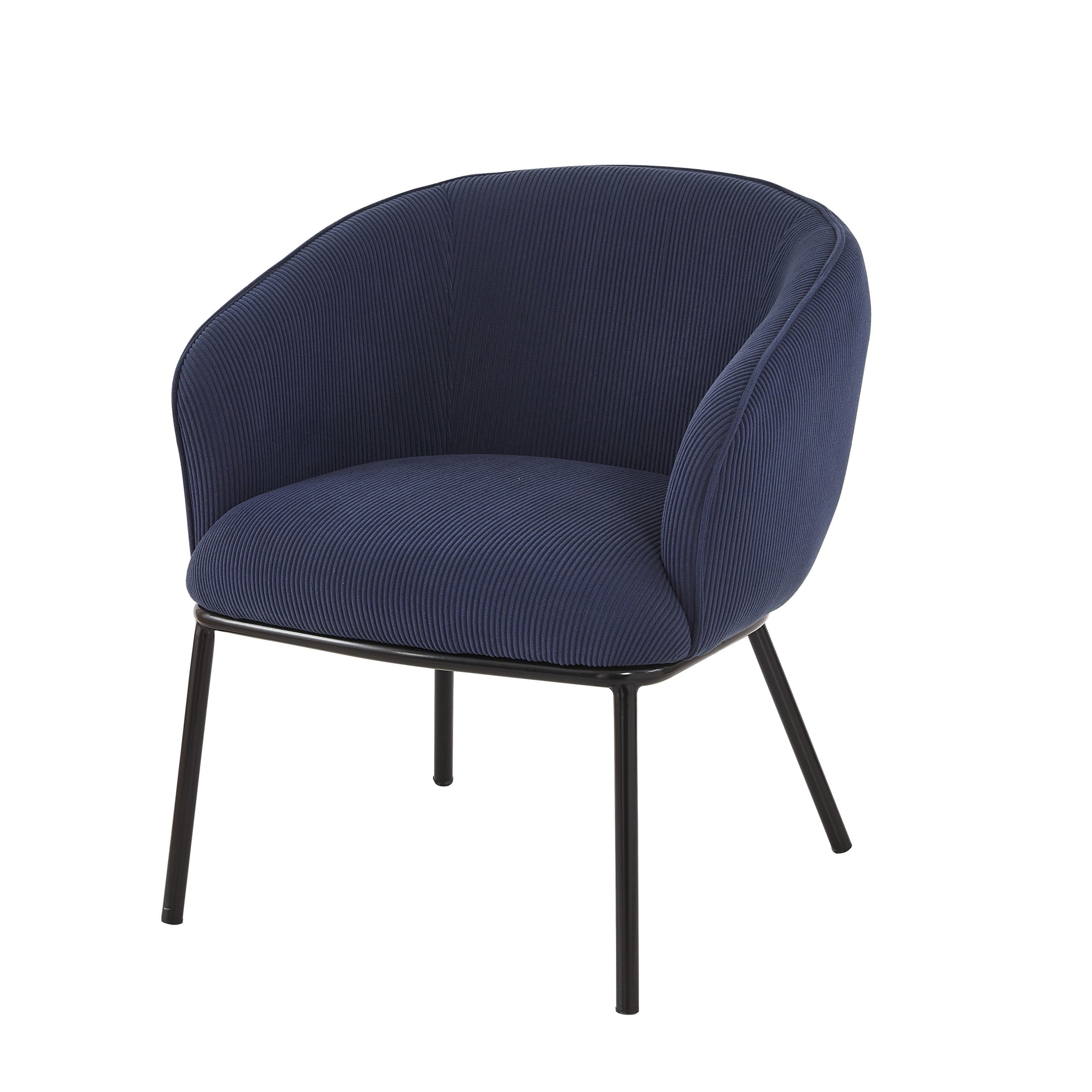 GDF Studio Mid-Century Modern Barrel Accent Chair with Corduroy Upholstery & Metal Legs, Dark Blue