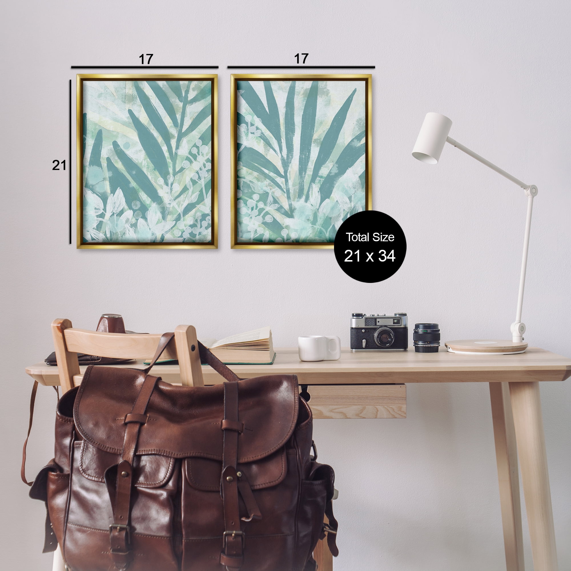 Stupell Industries Teal Palm Fronds Plants & Flowers Painting Gold Floater Framed Canvas Art Print Wall Art, 17 x 21, Set of 2