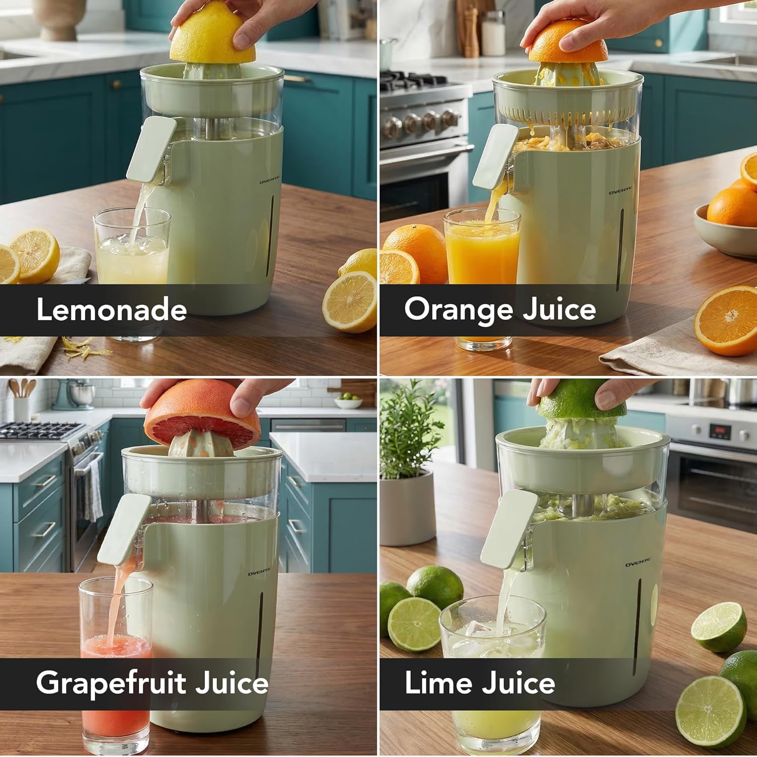 OVENTE Electric Citrus Juicer Machine, 40 Watts, 17 oz, Green JE44G | With Self-Reversing Cones, Pulp Control, and Easy Pour Spout, Juice Squeezer for Orange, Lemon, Lime, or Grapefruit