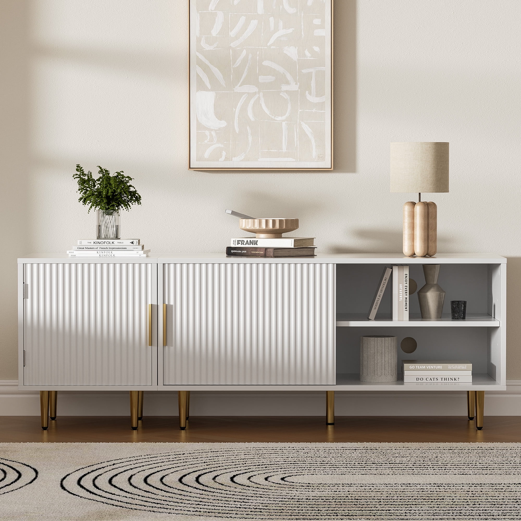 Combined Modern TV Stand For 55/60/65Inch TV,Small Entertainment Center With Adjustable Shelf,TV Media Stand With Storage Cabinet, TV Console With Gold Legs For Living Room,Bedroom,White