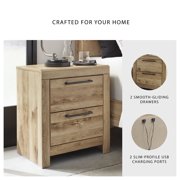 Signature Design by Ashley Hyanna 2-Drawer Nightstand – Modern Farmhouse Rustic Tan Brown Night Stand with USB Charging Ports