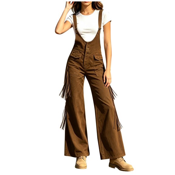 BLVB Vintage Overalls for Women Tassel Wide Leg Bib Pants Women Adjustable Romper Jumpsuit with Pockets