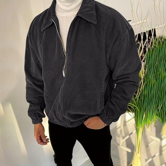 Goodtrade8 Winter Jackets for Men Casual Zip up Bomber Jacket Pocket Outdoor Plain Black Lapel Mens Coats