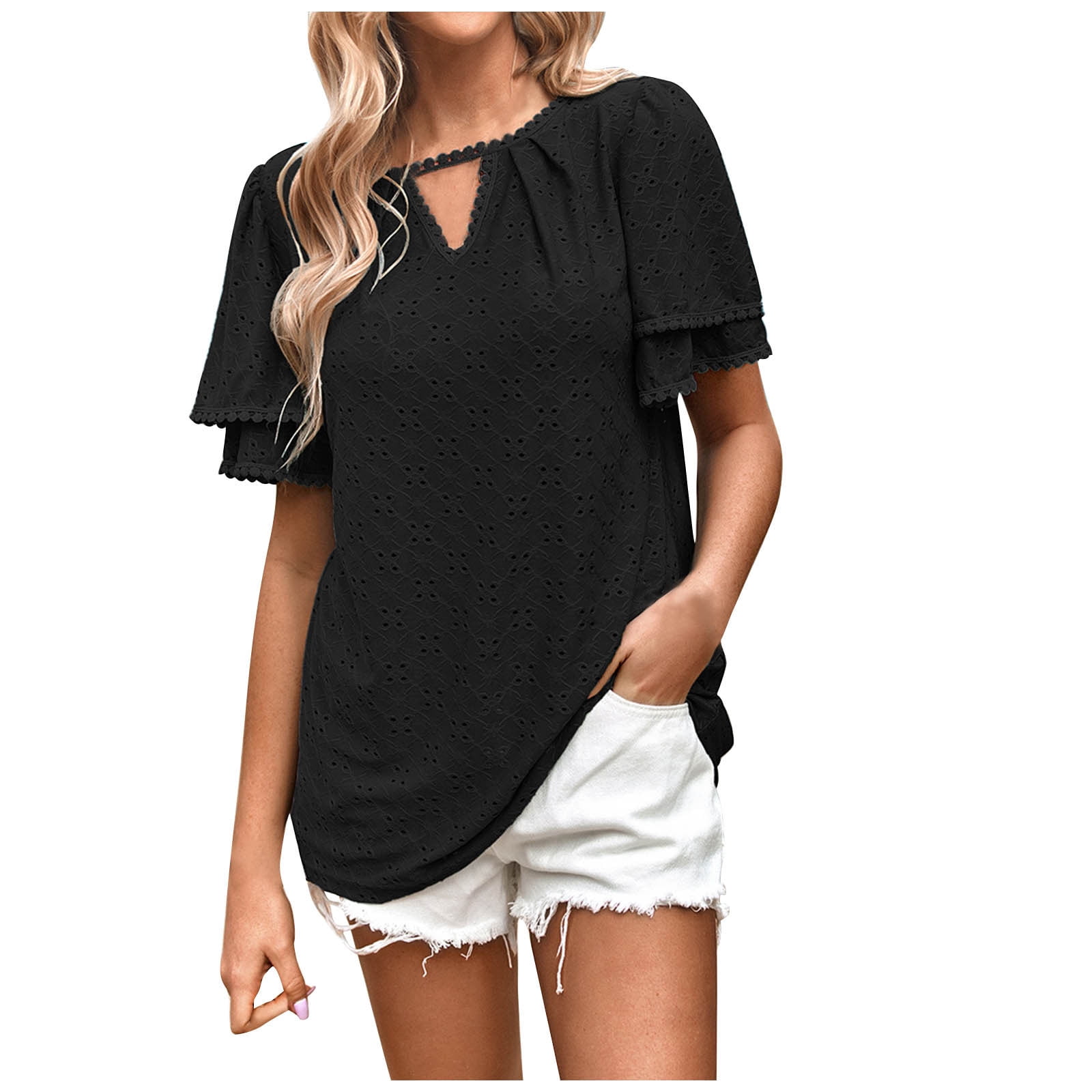 MRGIINRI Women's Loose Fit Tops Eyelets Summer Keyhole Neck Going Out ...