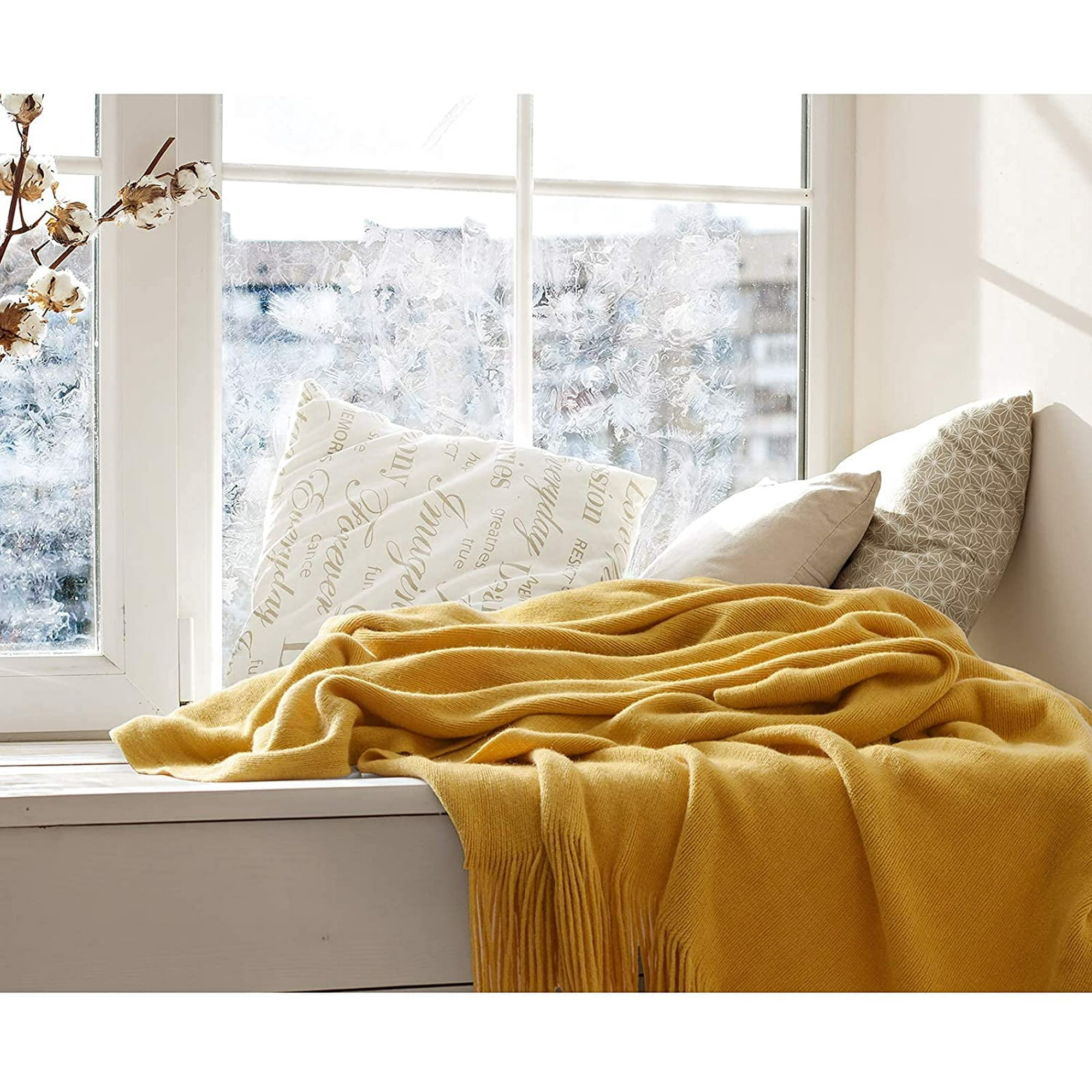 Xcellent Global Knitted Throw Blanket Jacquard Tassels Throw Blanket Sofa Chair Cover Decorative for Bed Couch Soft Chair Yellow 127 x 170 cm