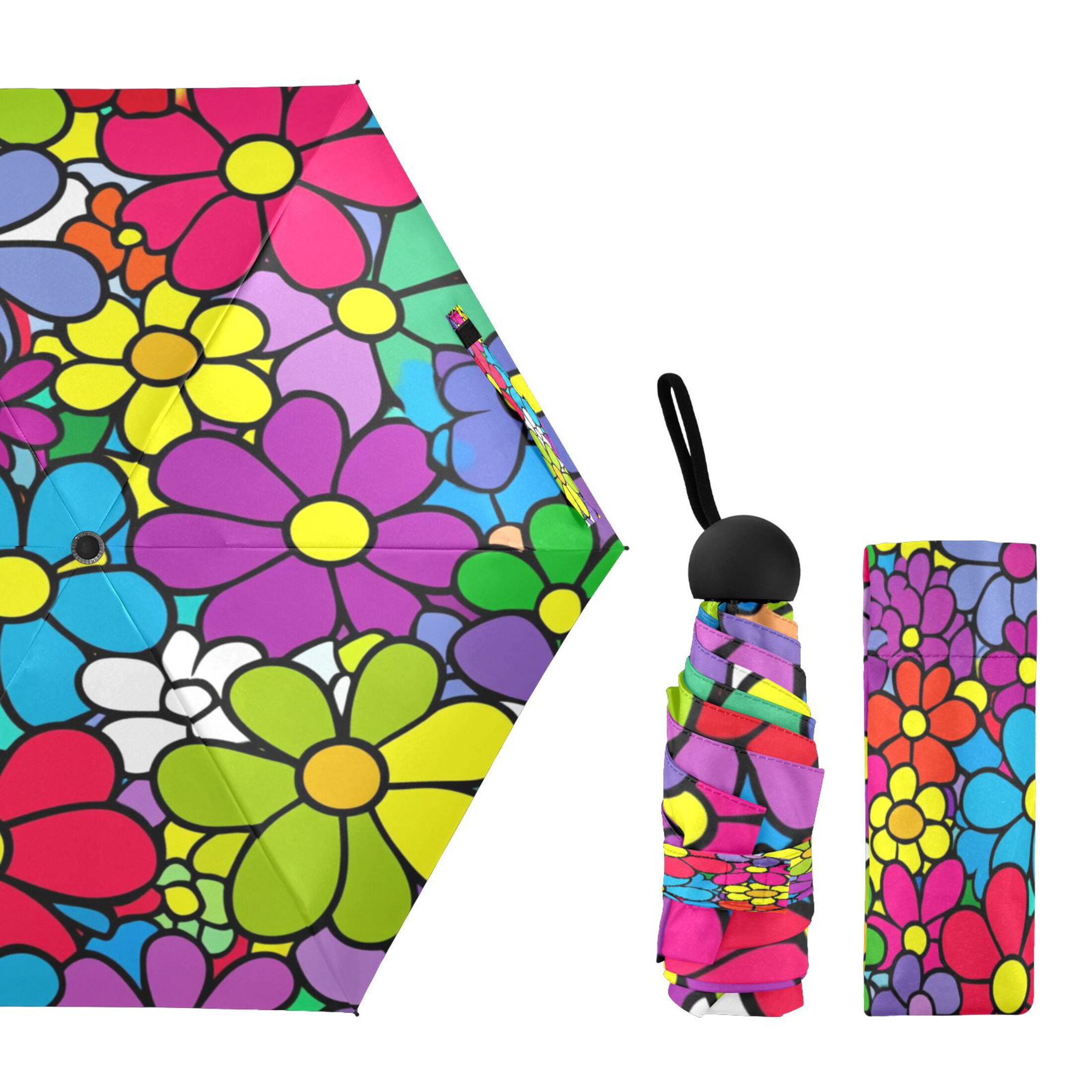 Colorful Floral Explosion Umbrellas for Sun Auto Open Close UV50+ Waterproof 5-Fold Compact Fiberglass Frame