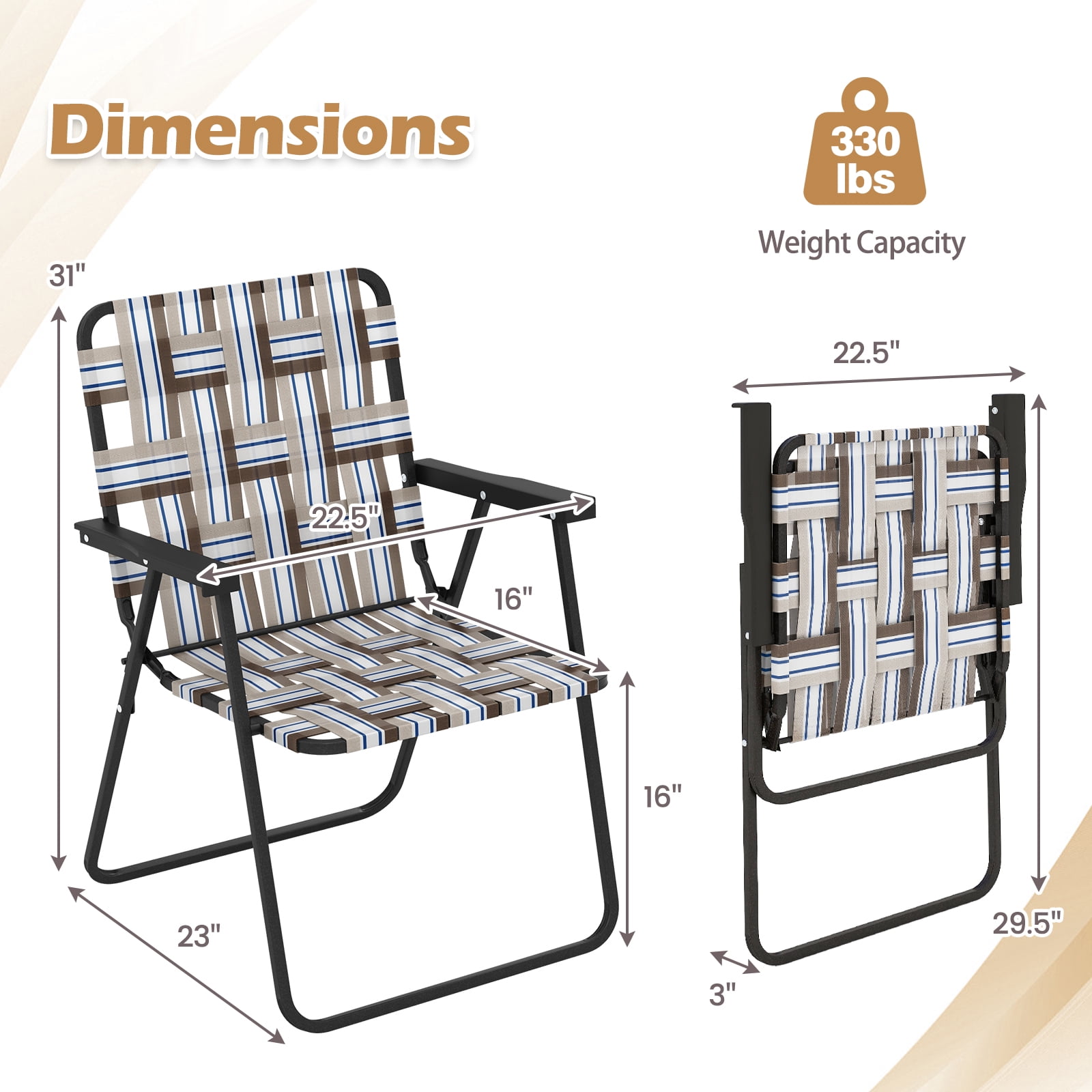 Topbuy Set of 2 Webbed Lawn Chairs, Outdoor Patio Folding Chairs w/ Heavy-Duty Metal Frame Lightweight Portable Web Camping Chairs Brown
