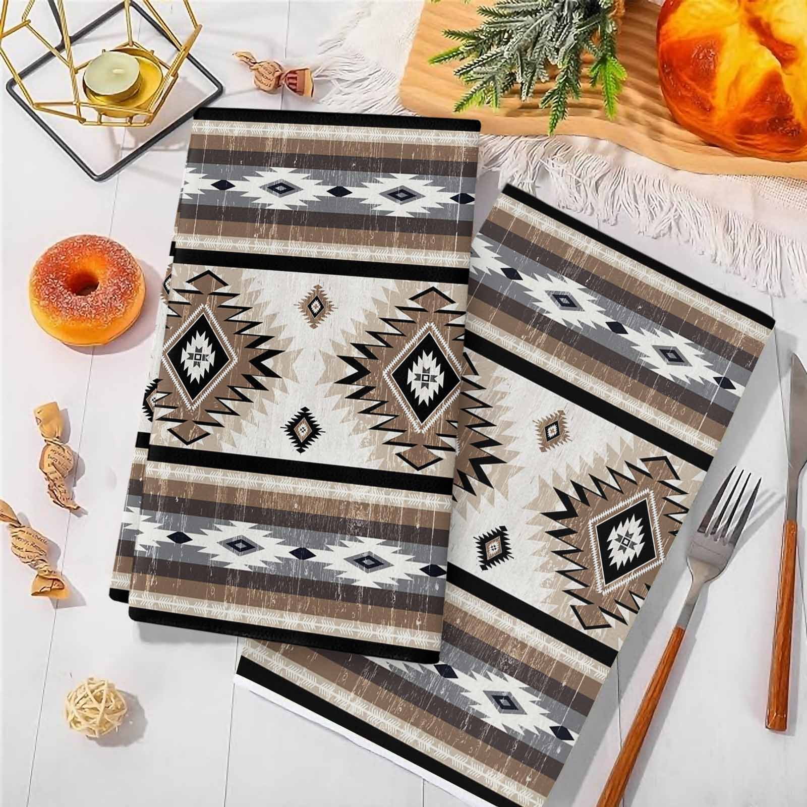 Dish Towels, Brown Grey Boho Aztec Absorbent Kitchen Towels 2 PCS, Southwest Tribal Geometric Microfiber Hand Towels Dish Cloths Tea Towels for Home&nbsp;Bathroom Cleaning Drying,18X28-Inch,