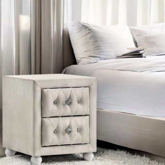 Reggie Beige Fabric Nightstand with Drawer & Open Shelf – Soft Upholstered Bedside Table for Bedroom Storage
