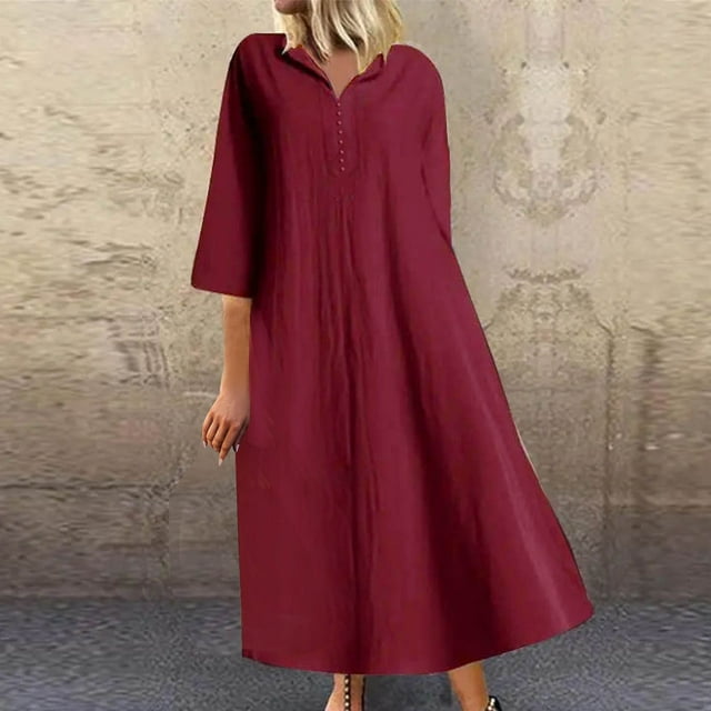Puntoco Vestido De Manga Corta Con Cuello En V, Primavera Y Verano Para Mujer Con Cuello En V Y Botón De Color Sólido De Algodón Y Lino Vestido Casual De Manga Corta Con Bolsillo Burdeos L
