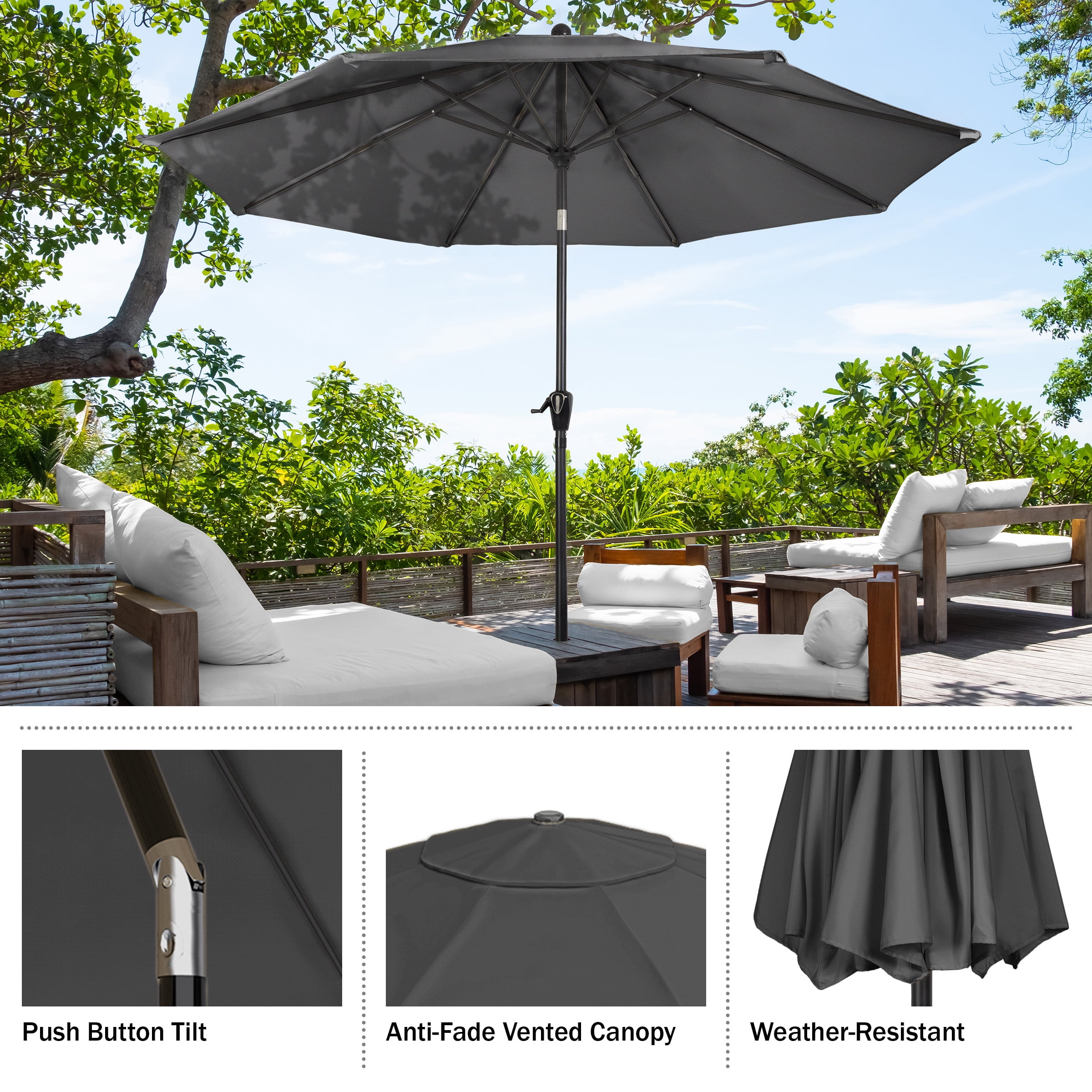 Pure Garden 10FT Patio Umbrella with Auto Tilt and Vented Canopy (Gray)