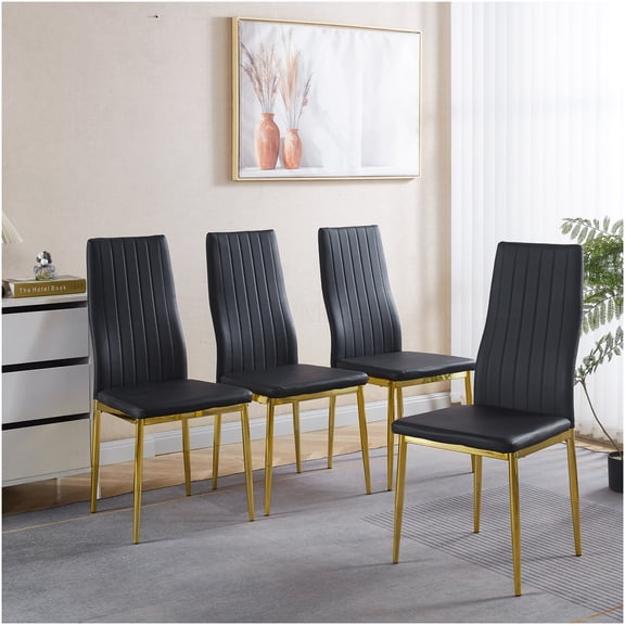 Set of 4 Modern Dining Chairs with Golden Metal Legs and Black Seats