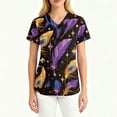 thumbnail image 3 of Womens Mardi Gras Scrubs Feathers Print Sequins V Neck Workwear Glitter Short Sleeve Holiday Nurse Uniform with Pockets Black S, 3 of 4