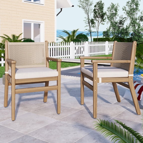 Outdoor Dining Chairs Set of 2, Modern Acacia Wood Patio Rope Back with Water-Repellent Cushions | Acacia Wood | Light Brown