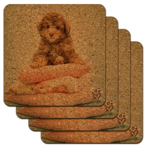 Poodle Puppy Dog on Pillows Low Profile Novelty Cork Coaster Set