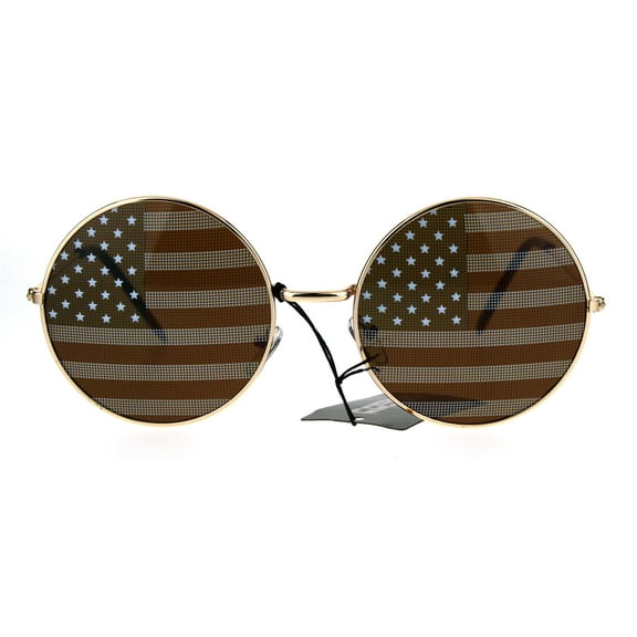 USA American Flag Print Round Circle Lens Retro Hippie Metal Rim Sunglasses Gold