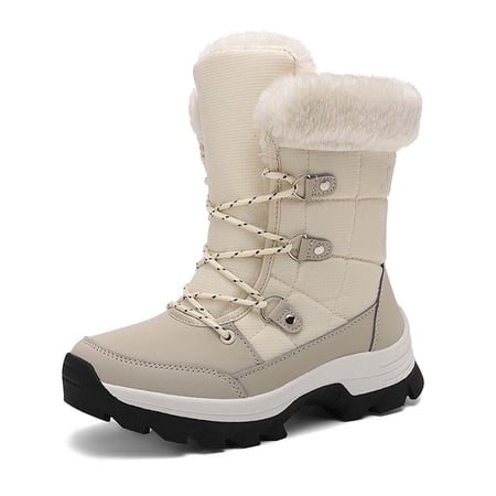 Gyexs Womens Winter Snow Boots Waterproof Shoes Walking Comfortable Hiking Tennis Booties Furry Mid Calf Warm Lightweight Sports Shoes Beige Size 7.5