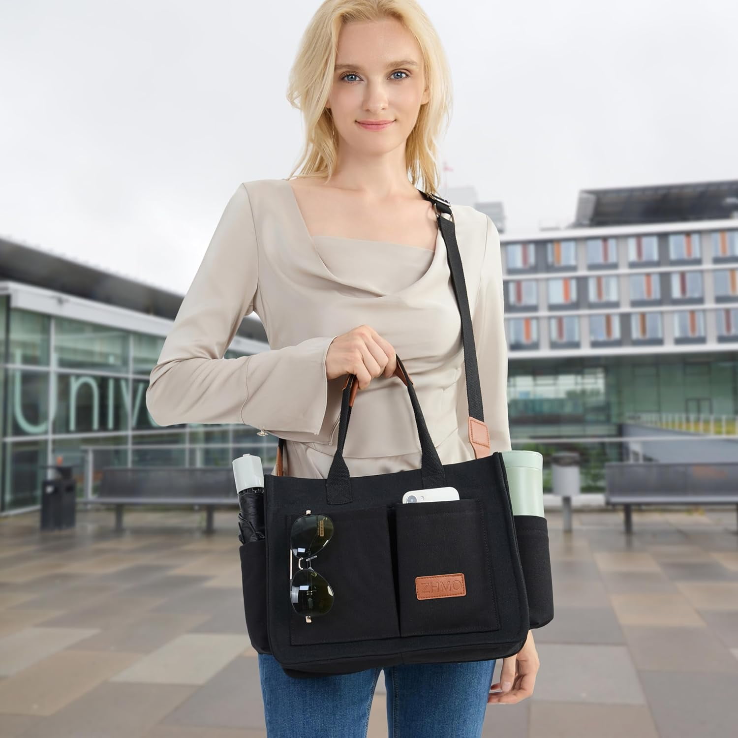 Large Canvas Tote Bag for Women With Pockets,Laptop Crossbody Purses Everything Everyday Bag Handbags for Work Beach