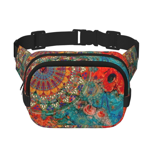 Ratiio Mandala Colorful Pattern Square Double Layer Waist Bag, Durable Twill Fabric Waist Pack with Adjustable Belt,Outdoor Hiking, Running, Travel Waist Bag