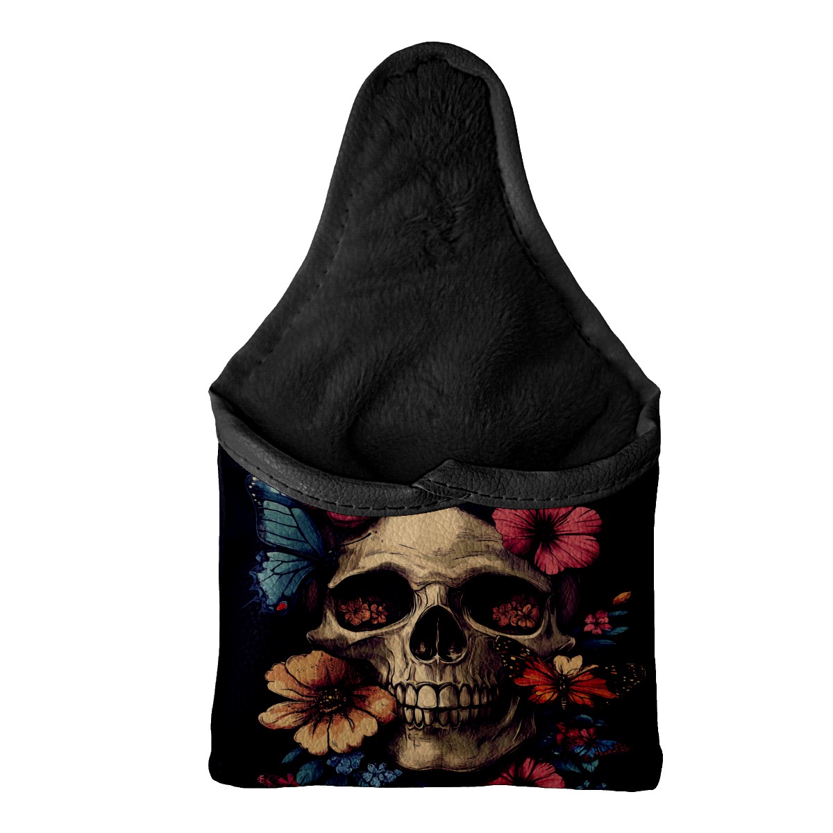 Golf Mallet Putter Cover Premium Leather Waterproof Golf Putter Head Cover with Magnetic Closure Skull with Butterflies and Flowers