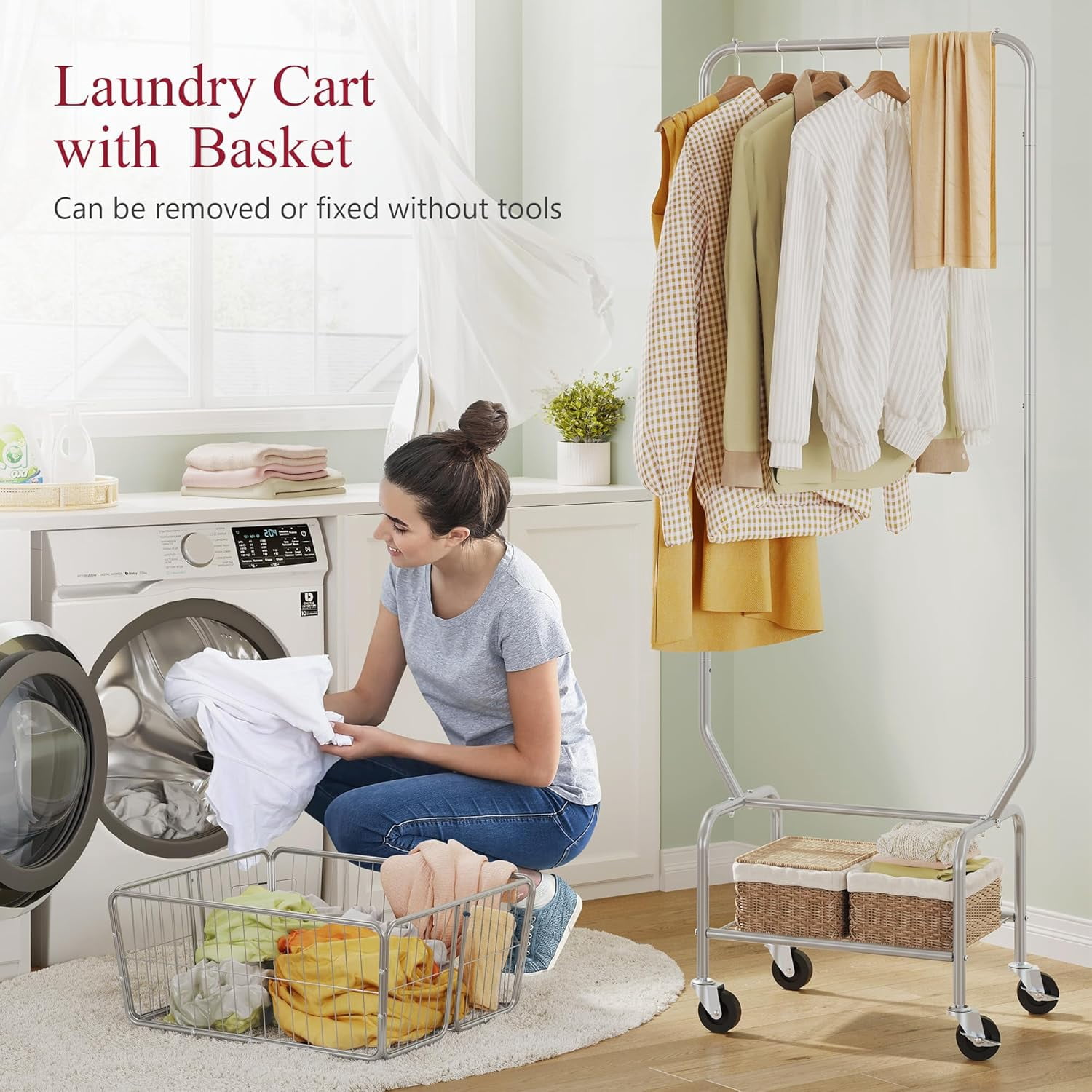 Laundry Cart with Hanging Rack, Metal Rolling Laundry Cart with Wheels and Storage Basket, Silver