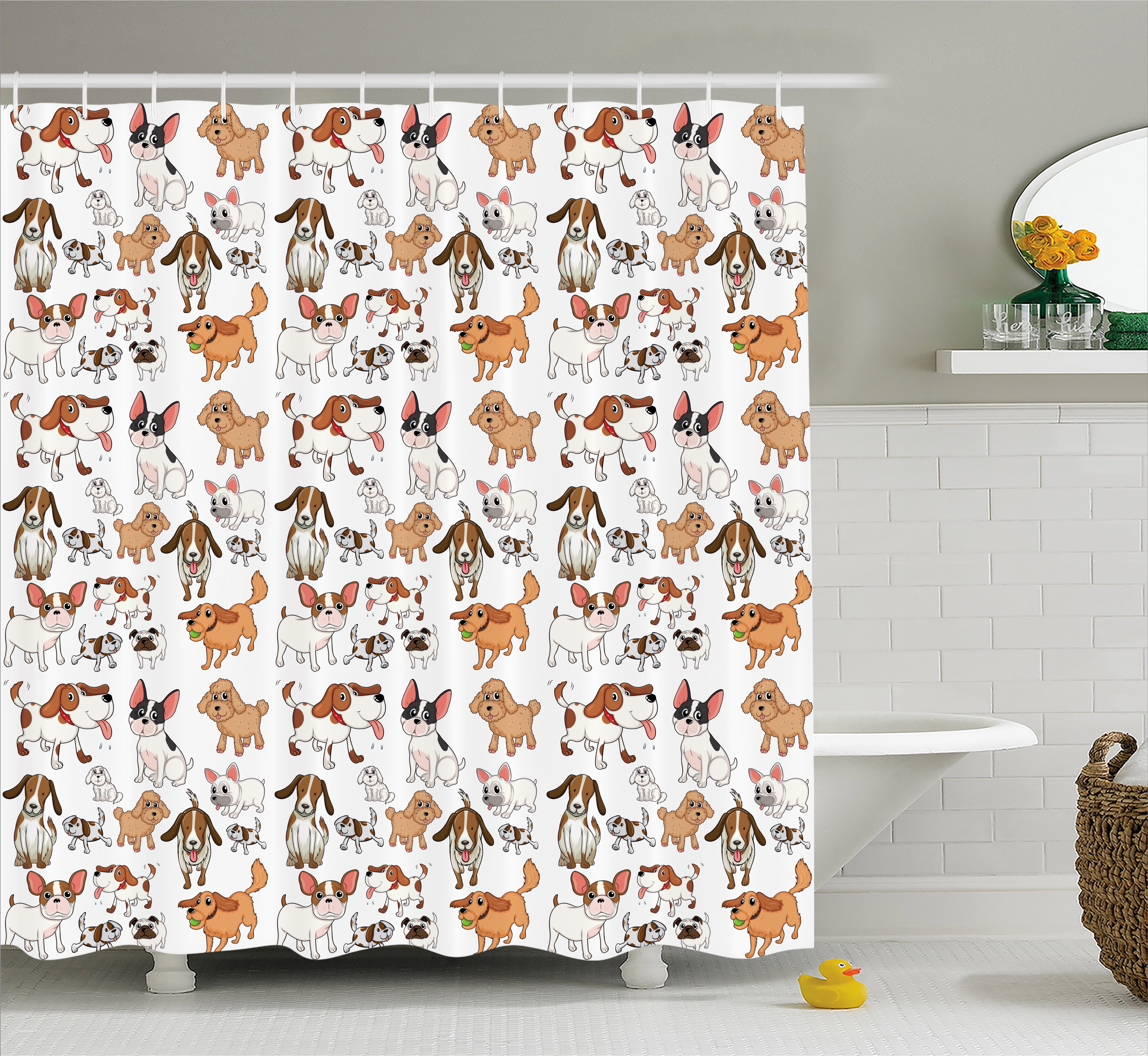 Dog Lover Shower Curtain, Cartoon Style Chihuahua Terrier Bulldog and