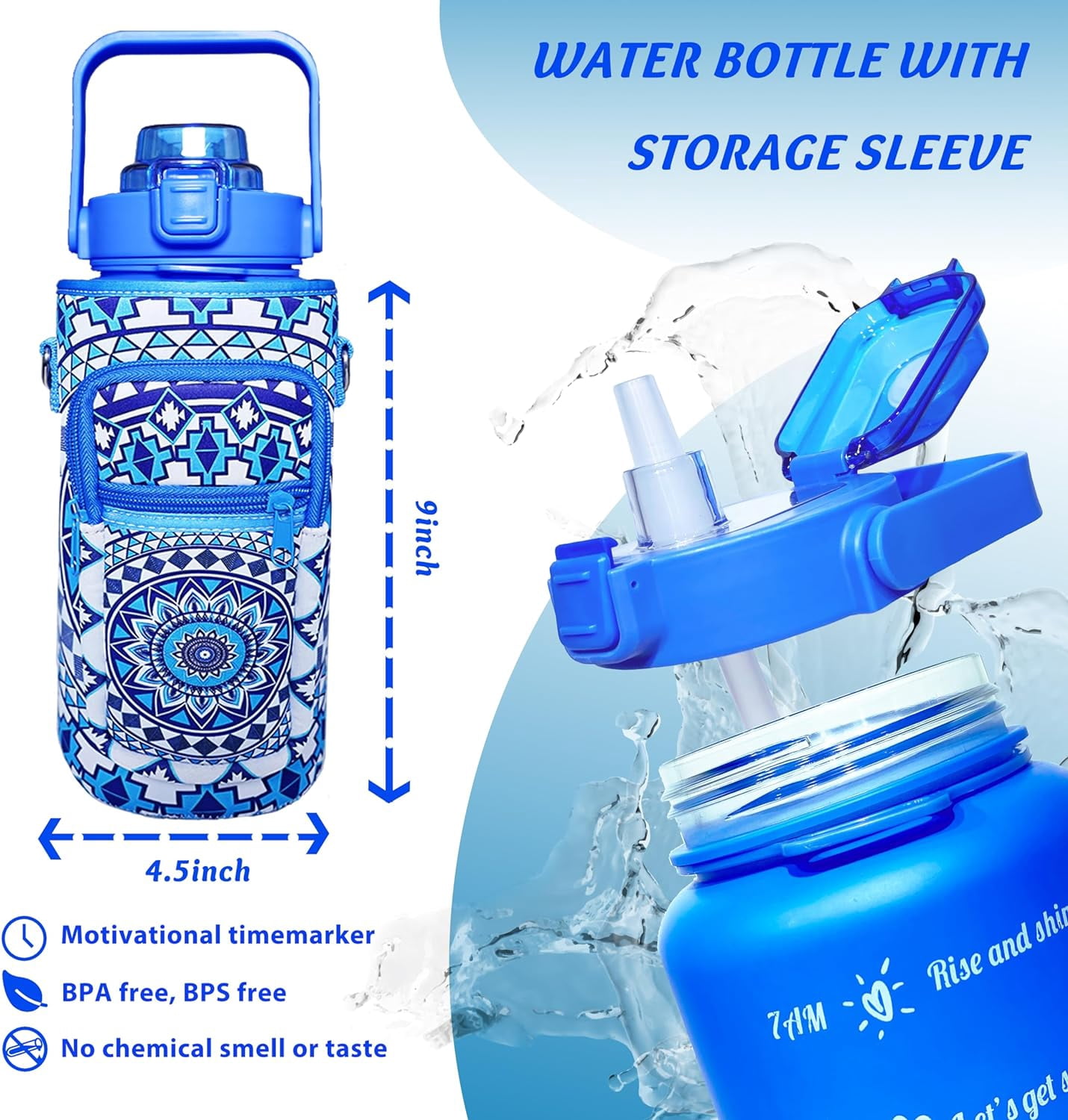 64 oz Water Bottle with Straw Sleeve & Strap Motivational BPA Free Half Gallon Water Jug with Handle for Gym Women Men Aesthetic Water Bottle with Strap Datura