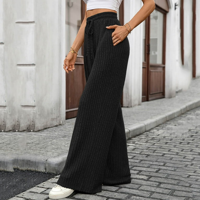 FAIWAD Women's Casual Ribbed Knit Pants Elastic Waist Side Lace-up