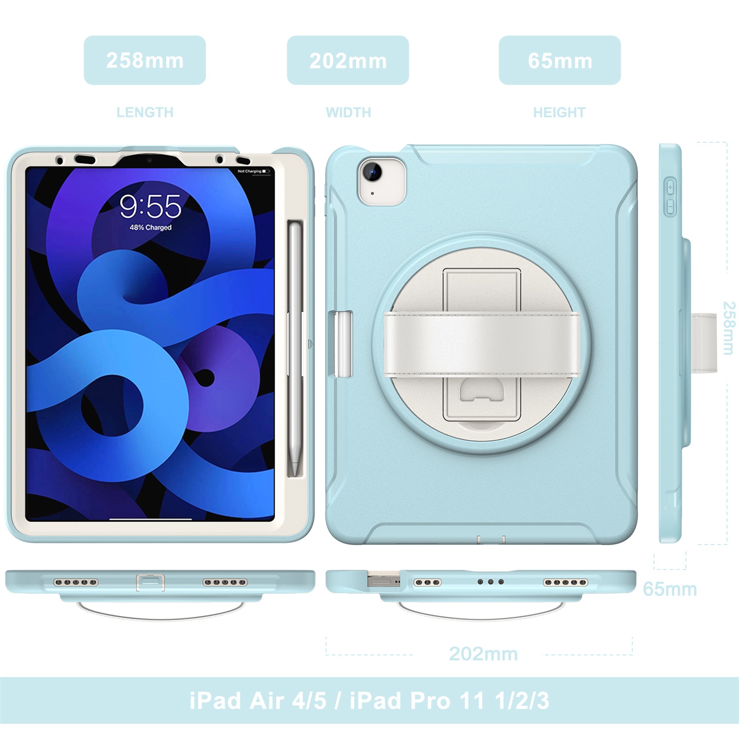 SaniMore for Apple iPad Air 11 2024 Case, 3 Layers Multi-Functional Case with Pencil Holder & Hand Strap Multi-Angle Kickstand Shockproof Protective Case for Women Men, Icecrystalblue