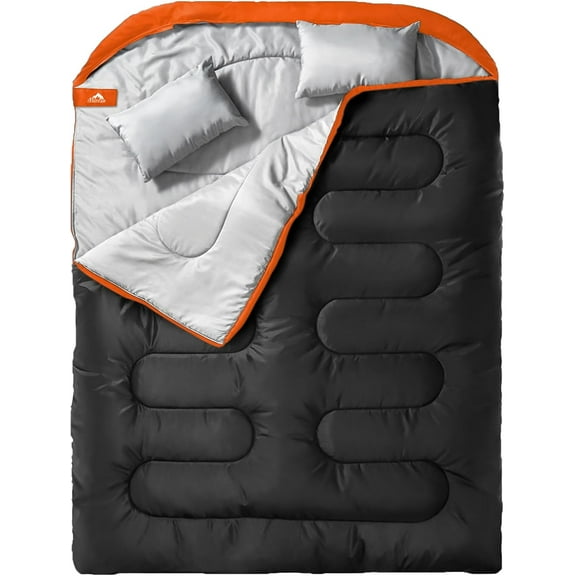 Double Sleeping Bag for Adults Mens with Pillow, XL Queen Size Two Person Sleeping Bag for All Season Camping Hiking Backpacking 2 Person Sleeping Bags for Cold Weather & Warm Couple outdoors