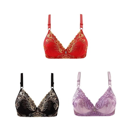 3PC Bras for Women V Plunge Embroidered Glossy Full Coverage Extra-Elastic Comfortable Underwear Push Up No Rims Bra Black 40B