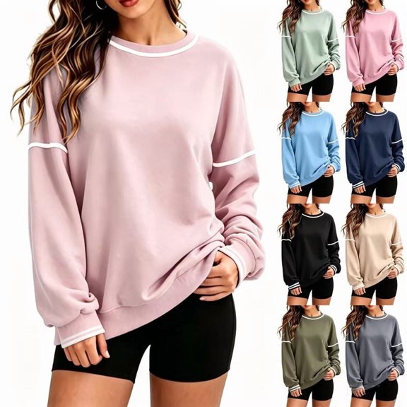 jehdhy Womens Striped Patchwork Sweatshirts Fall Winter Crew Neck Long Sleeve Shirts Fashion Casual Loose Pullover Tops