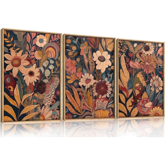 Large Retro Floral Framed Canvas Wall Art Set,Boho Flowers Bouquet Wall Decor,Vintage Botanical Wall Painting,Colorful Plant Art Print for Living Room, Bedroom, Office- 16"x24"x3