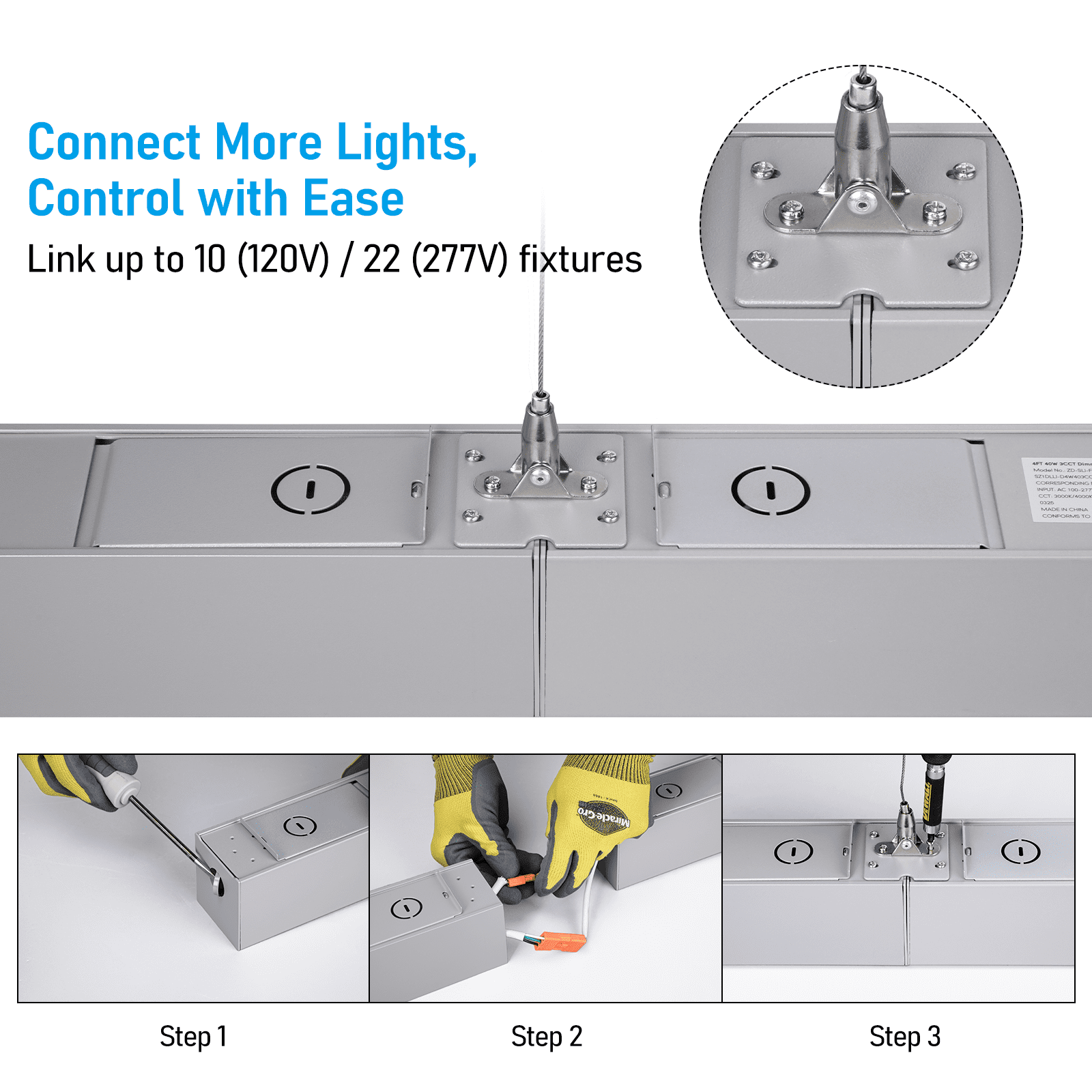 4 Pack 4FT Linkable LED Linear Light, 3CCT Dimmable Suspension Office Lighting Fixture, 40W, Matte Silver Aluminum Housing, ETL Listed
