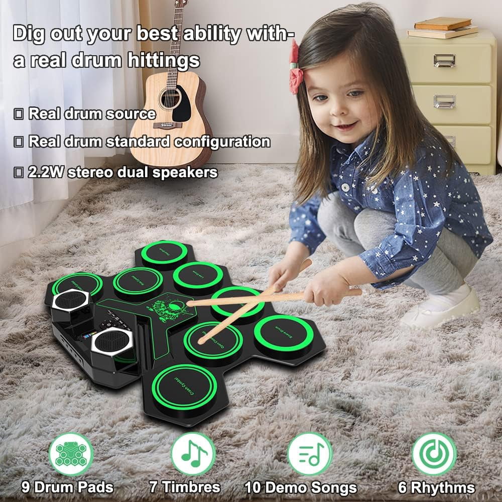 Electronic Drum Set, Portable Tabletop Electric Drum Kit with Build-in Stereo Speaker, 9 Silicon Drum Pads Drum Pedal Drum Sticks, Ideal Kids Drum Toy Gift for Birthday Halloween Christmas