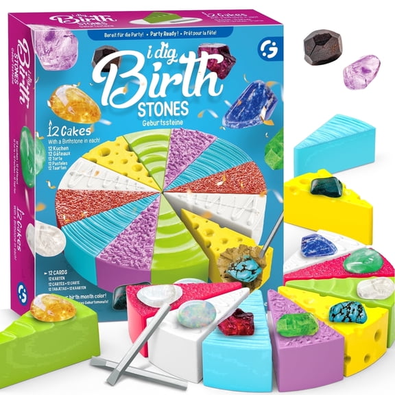 Piano Potato Birthday Stone Dig Kit for Kids Ages 6-12, Dig up 12 Genuine Birthstones with Cake-Shaped Block, STEM Geology Science Kit with Learning Cards, Perfect Birthday & Holiday Gift