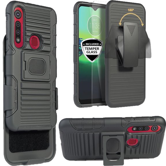 Motorola Moto G8 Play Case, Moto One Macro Case, with Tempered Glass Screen Protector Belt Clip Holster Defender Rugged Shock Proof Armor Heavy Protection Phone Cover w/Magnetic Mount Plate [Black]