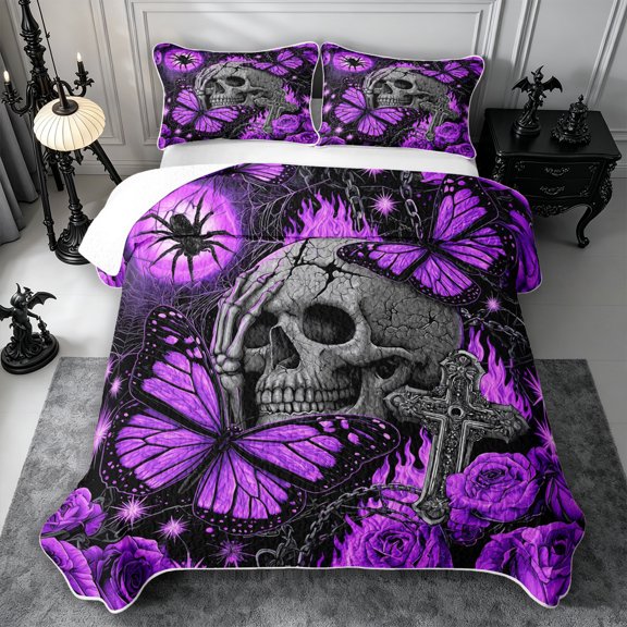Erosebridal Gothic Skull Twin Quilt Set 2 Pieces,Halloween Butterfly Rose Twin Coverlet Set,Violet,1 Bedspread and 1 Pillowcase