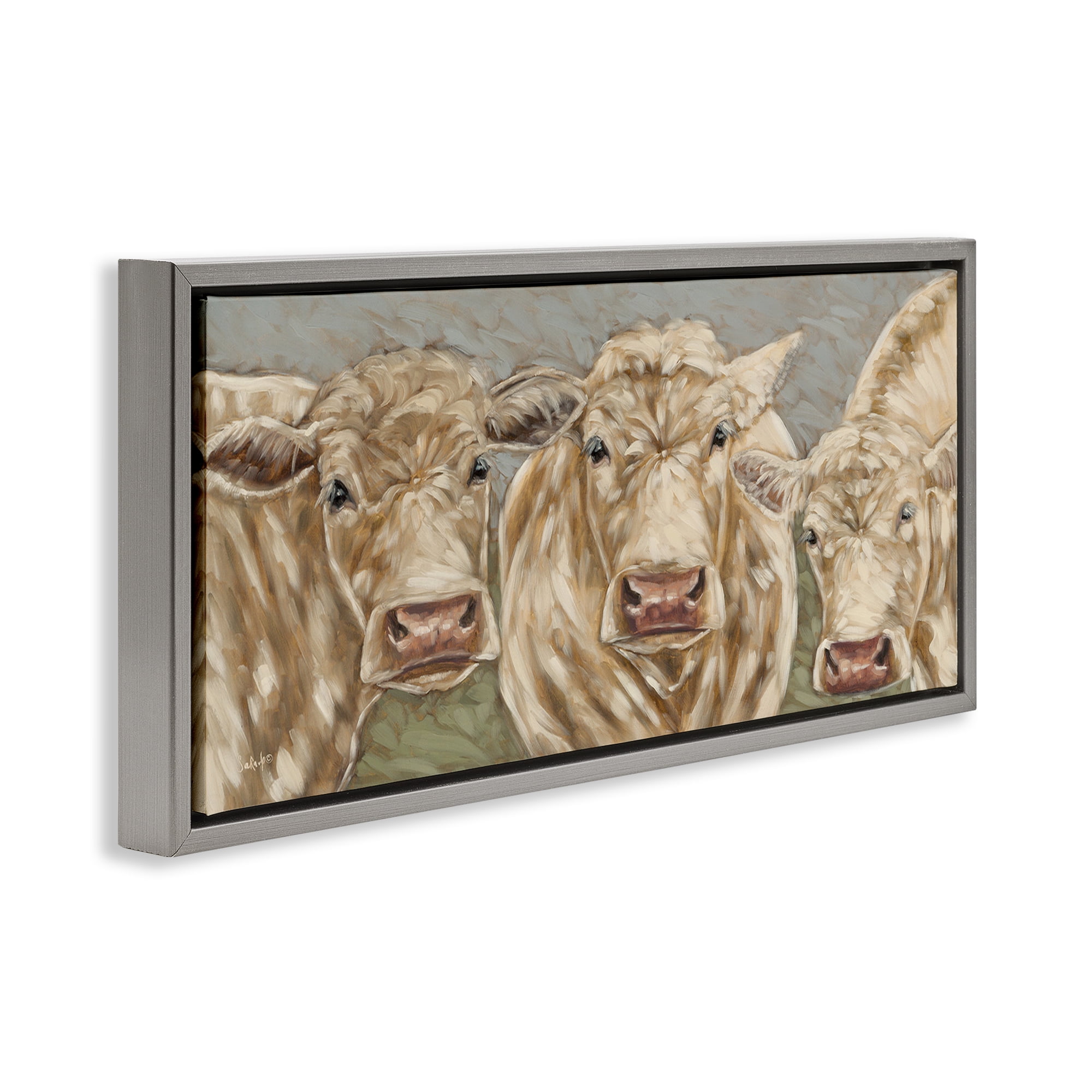 Stupell Industries Beige Cow Trio Animals & Insects Painting Gray Floater Framed Canvas Art Print Wall Art, 25 x 11