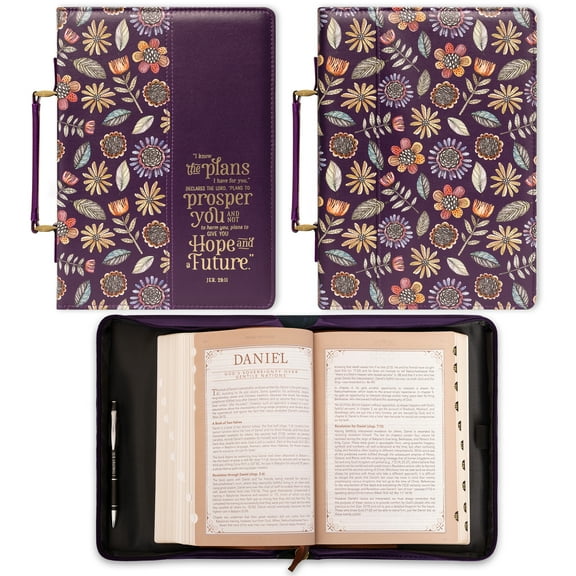 Christian Art Gifts Women's Fashion Bible Cover I Know The Plans, Purple/Gold Floral Faux Leather, Medium