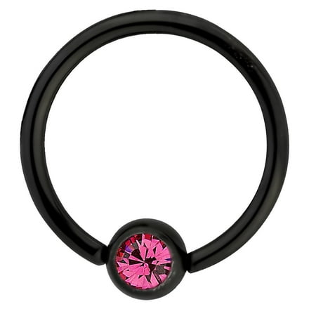 0.375 Inch Captive Ring - 14g 1/2 Inch Surgical Steel Black IP Plated with Pink Crystal Captive Bead CBR Hoop Ring