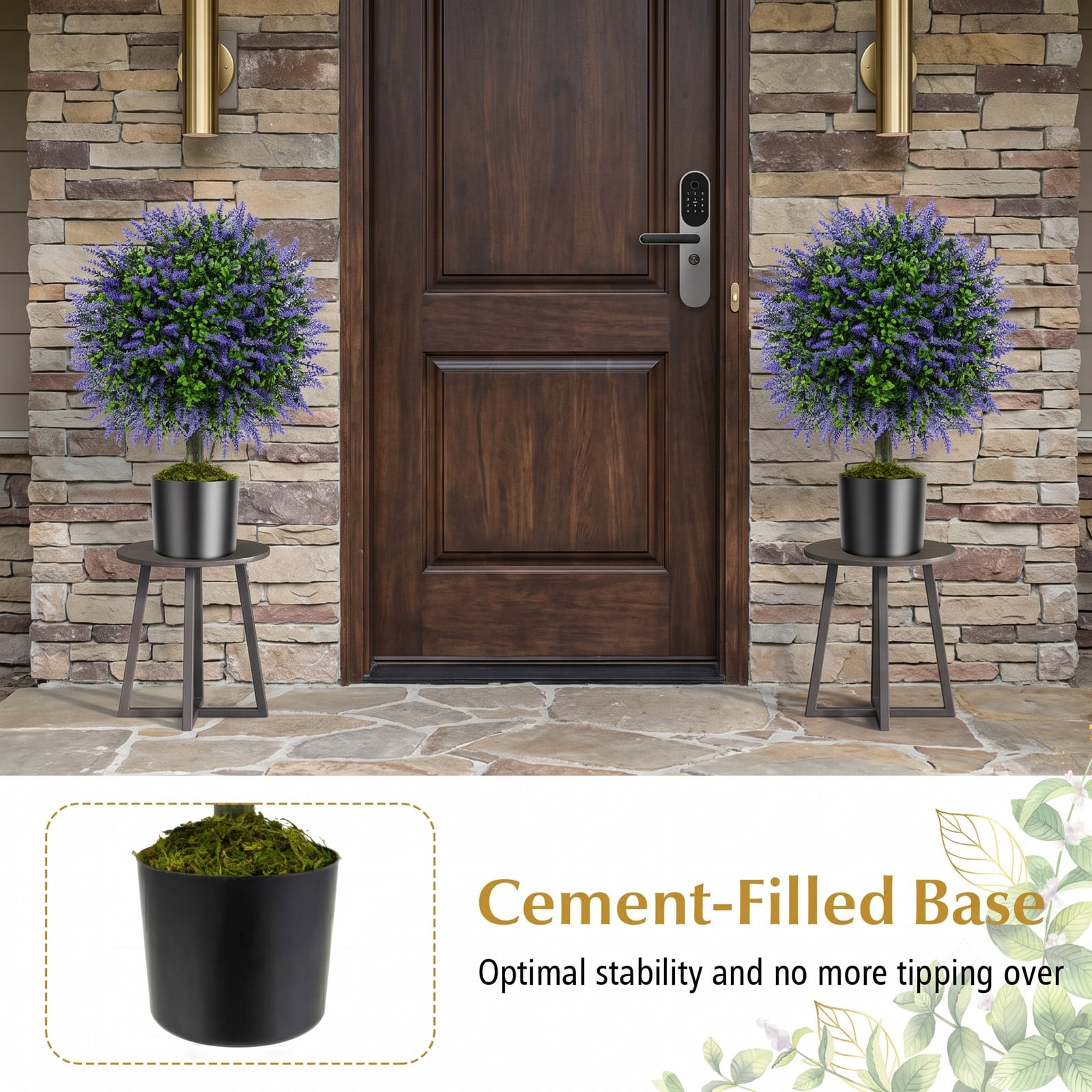 ALPULON 23 Inch Set of 2 Artificial Lavender Topiary Ball Trees with Cement-Filled Pot, Faux Potted Plants for Indoor Outdoor Home Porch Entryway Decor, Purple