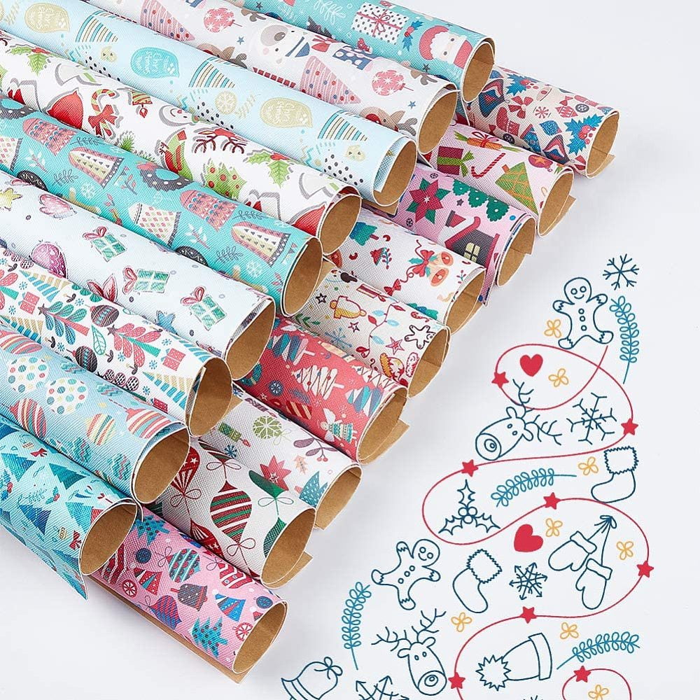 1 Box Christmas Theme Imitation Leather Fabric Self-adhesive Fabric for Garment Accessories Mixed Color 30~30.7x19.5~20x0.05cm 18sheet/box